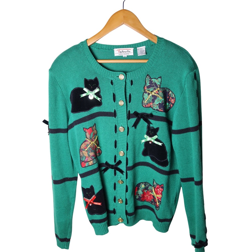 Talbots Susan Bristol Vintage Cat Cardigan Green Tapestry Velvet Bows Medium
